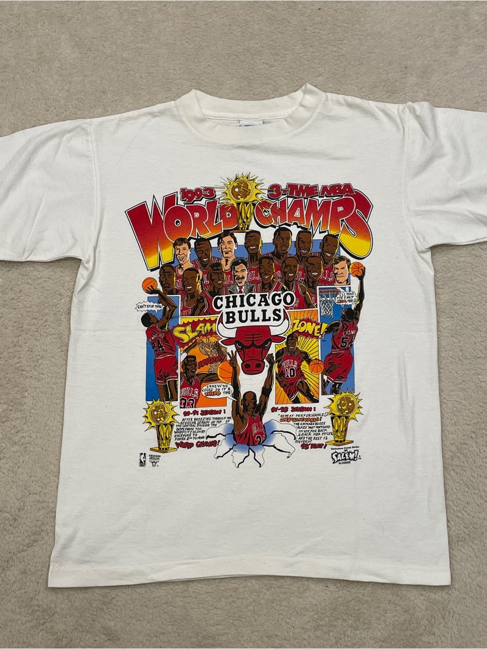 Vintage 1993 Chicago Bulls 3-Peat Salem Sportswear Caricature T Shirt USA Size M